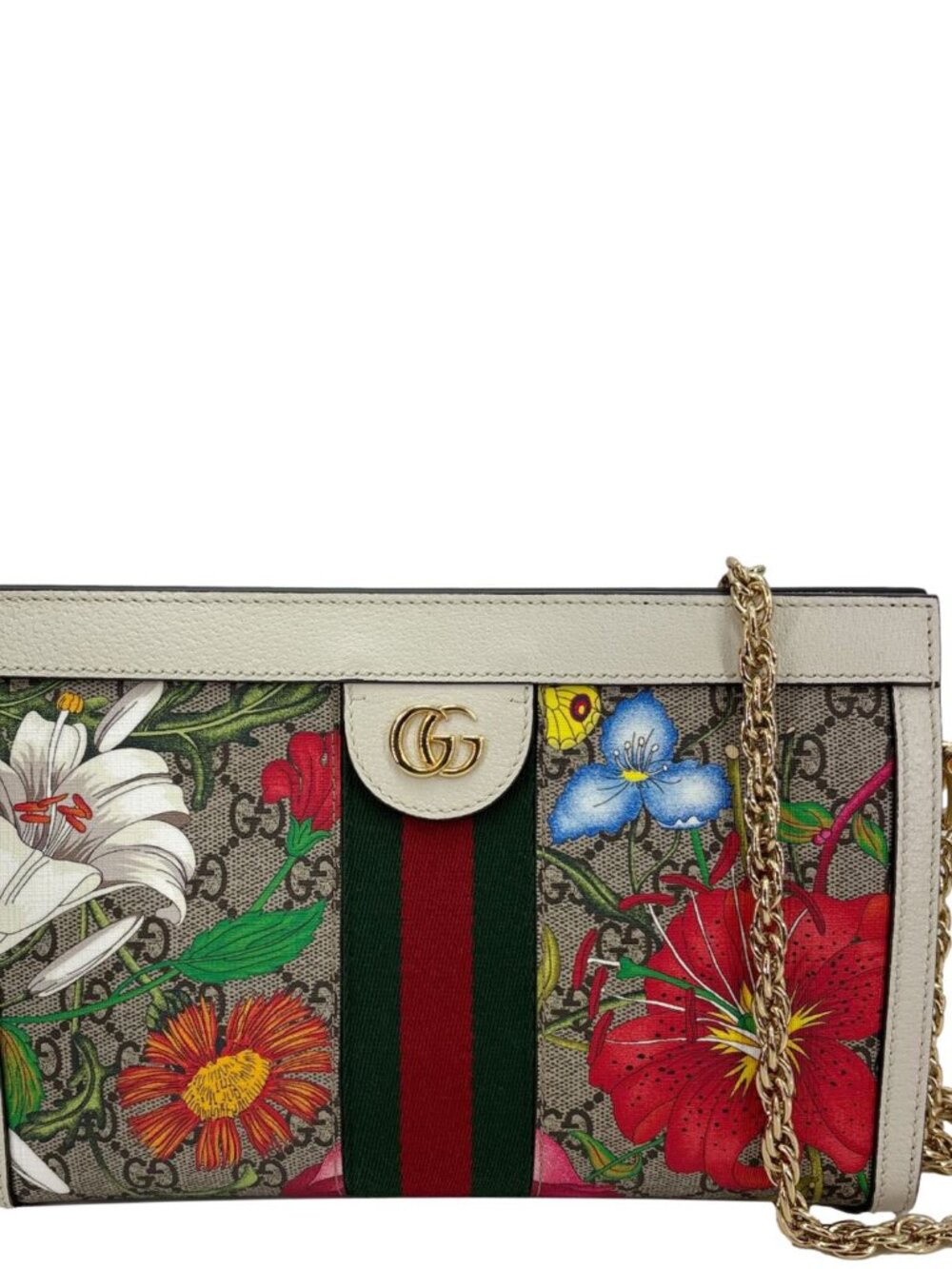 Gucci Ophidia Web GG Supreme Flora Canvas Chain Shoulder Bag Beige 503877